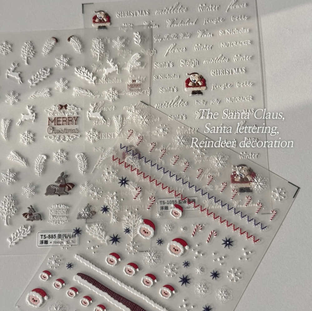 【AURA GLITTER】3 types of Santa lettering reindeer nail stickers with winter Christmas patterns