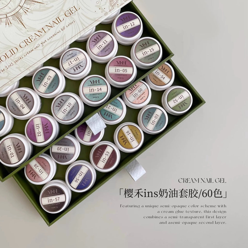 【YHH NAIL / 受注販売(納期未定:要問合せ) / (~1031)】YHH Cherry Blossom INS Series Gel Set 60 Color Can Armor Oil Gel Low Saturation Semi-Transparent Taste Nail Art 5g / YHH樱禾 INS系列套胶60色 罐装甲油胶 低饱和半透色涩味美甲5g